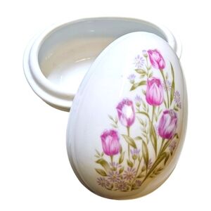 VTG Lefton Hand Painted Ceramic Porcelain Egg Trinket Jewlery Dish Purple Roses